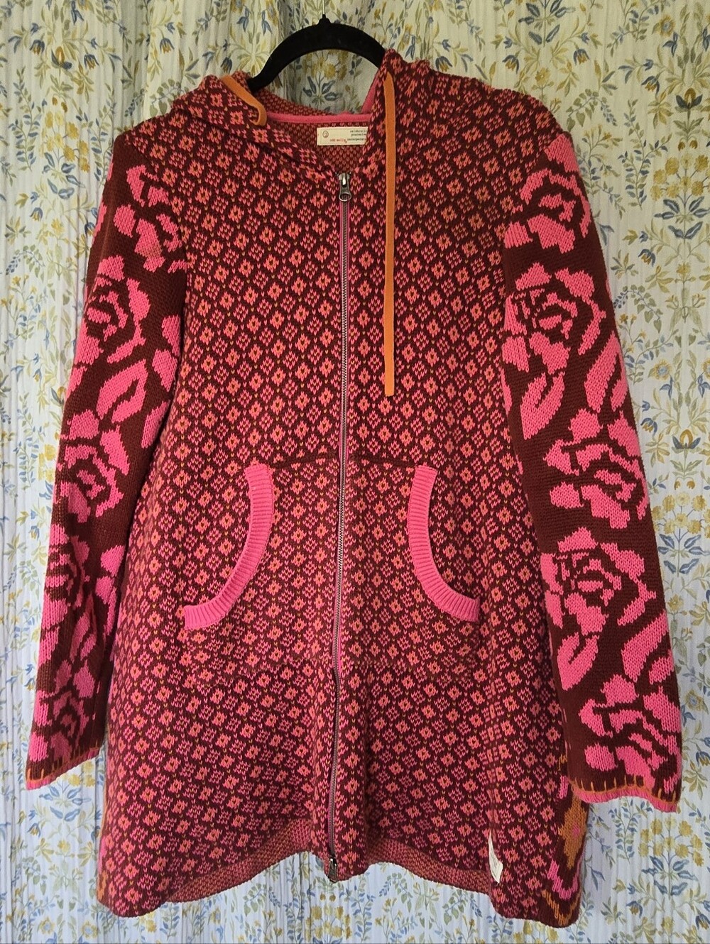 Odd Molly Pink and Brown Floral Knit Bomber Jacket
